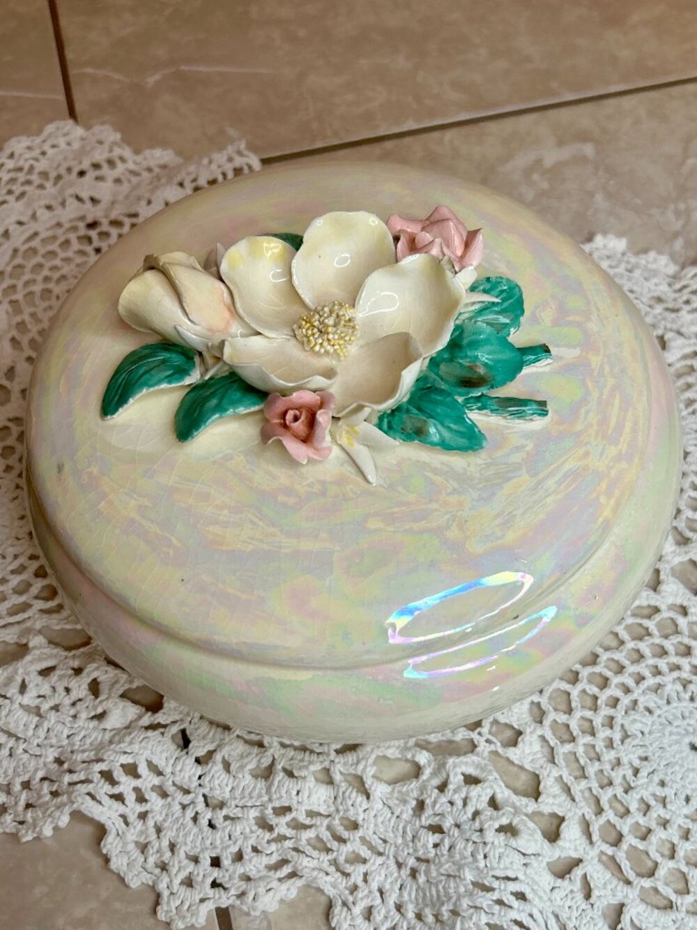 Vintage Iridescent Ceramic Trinket Box with Floral Lid